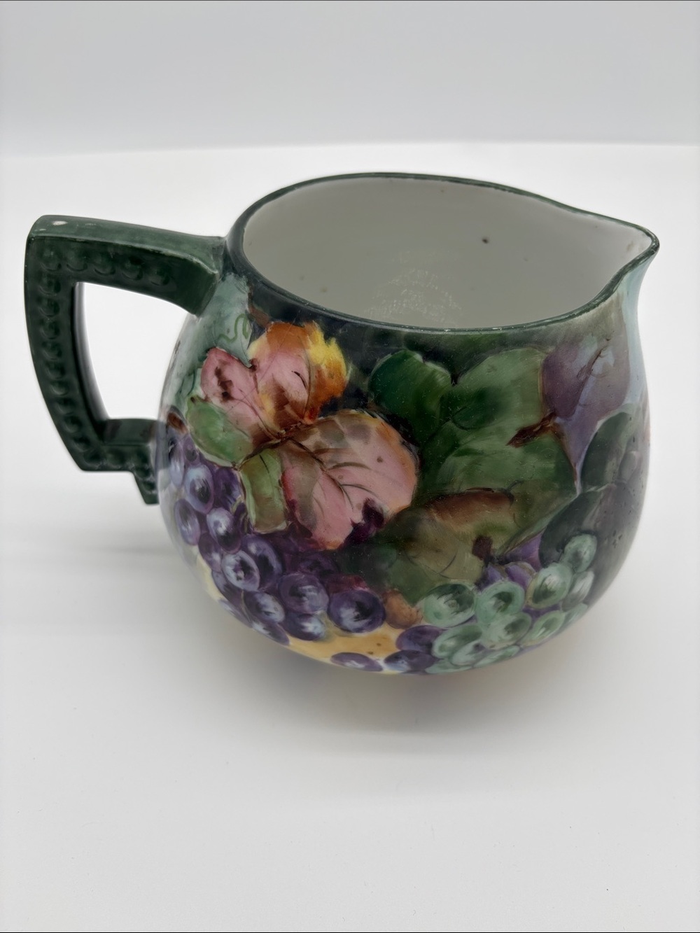 JP Limoges France Green Floral Leaf Hand Painted Pitcher CRACK BLEMISH